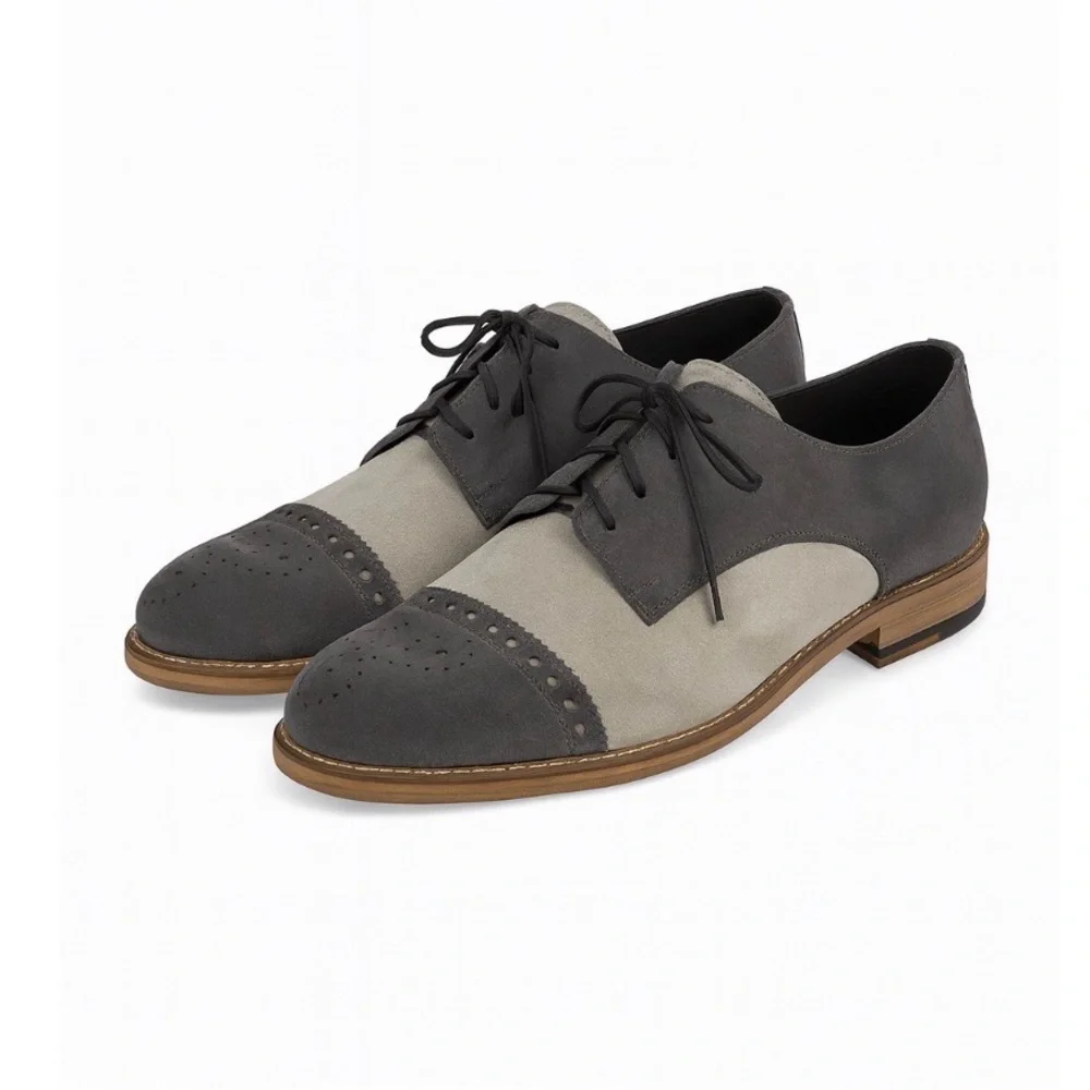 New Girotti Men’s Suede Oxford Lace Up Shoes Gray Cream Two Tone US 7 l 40